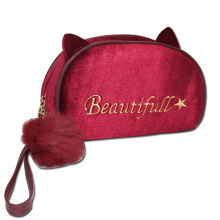 ARTGIMEN Portable Cute Kawaii Fashion Kitty Cat Velvet Cosmetic Bag Makeup Brush Case Travel Clutch Handbag Purse with Furry Pom